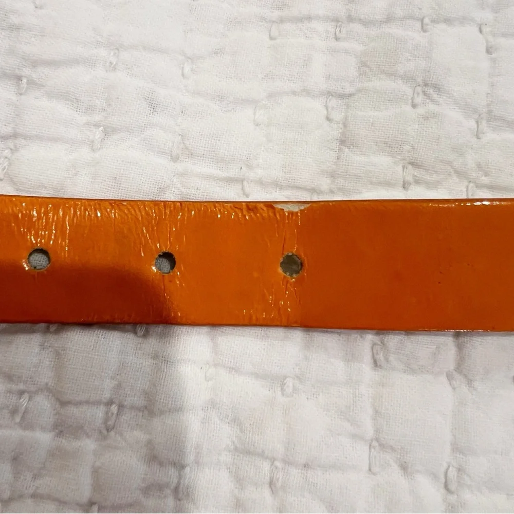 Motivi Belt Womens 34 Orange Silver Buckle Shiny Patent Faux Leather Retro Italy